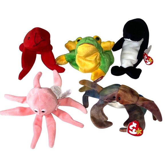 Ty Beanie Babies Lot Of 5 Plush Toys Crab Frog Octopus Lobster Whale Vintage Col - Picture 1 of 11